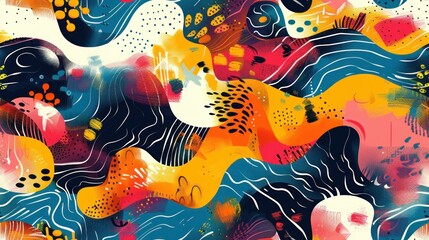 Fototapeta premium Abstract Colorful Wave and Dot Pattern on Blue, Orange, and Yellow Background A Vibrant Journey in Art and Style