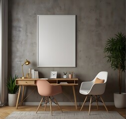 Frame white board, ISO A paper size. Home Office wall poster mockup. Interior mockup with office background. Modern interior design. 3D 
