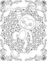 Monkey on Mandala Coloring Page. Printable Coloring Worksheet for Adults and Kids. Educational Resources for School and Preschool. Mandala Coloring for Adults