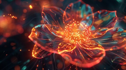 Amidst the digital ether, a vibrant symbol of vitality takes form an illuminated flower, pulsating with the rhythm of life.