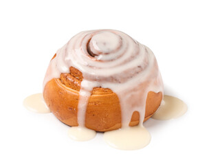 Tasty homemade cinnamon roll with glaze on white background