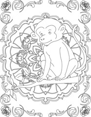 Monkey on Mandala Coloring Page. Printable Coloring Worksheet for Adults and Kids. Educational Resources for School and Preschool. Mandala Coloring for Adults