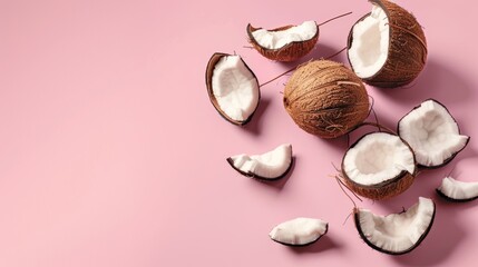 Coconuts, a photorealistic illustration against pastel pink background with copy space for text or logo, beautifully illuminated by studio lighting, flat lighting