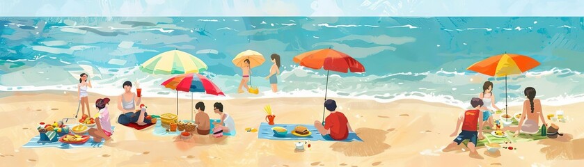 Beach Picnics Highlight the joy of beach picnics with friends and family Photograph groups enjoying a leisurely picnic on the sand, surrounded by beach umbrellas, colorful blankets, and delicious Japa