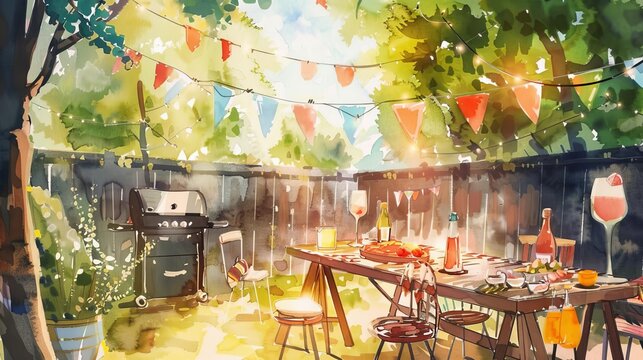 BBQ Party Decor Capture the vibrant atmosphere of a barbecue party with colorful decorations, such as bunting, string lights, and themed table settings