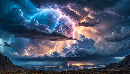 Dramatic storm clouds, intense lightning, and a breathtaking landscape create a captivating and awe-inspiring scene in this stunning image. 8k