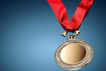 Gold medal with a red ribbon against a blue background. Symbol of victory and achievement, suitable for award or recognition theme.