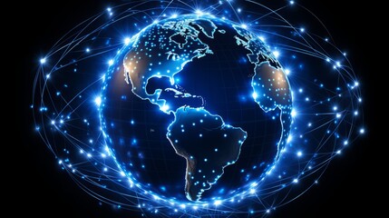 Obraz premium A computergenerated image depicting a luminous globe encircled by lines and dots, evoking the themes of light, world, science, art, astronomy, and space