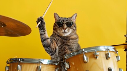 The cat plays the drums on a yellow background.