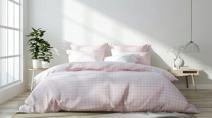 light pink and white gingham duvet cover in modern bedroom, home decor photography, detailed, high resolution