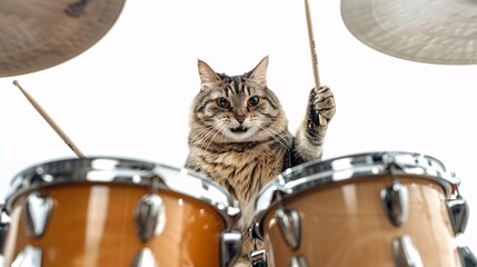 The cat plays the drums on a white background.