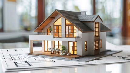 House model on a construction plan. Real estate concept. 3d rendering.
