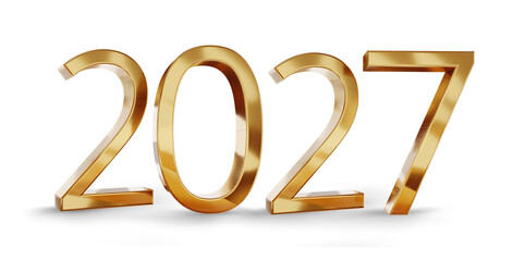 new year 2027, sylvester and change of better and good year, symbol glossy metallic gold golden symbol icon 3d-illustration isolated