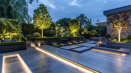 Modern garden design with illuminated planters and wall lights at night, contemporary landscape...
