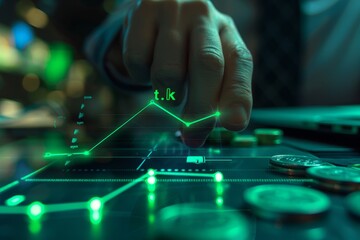 Obraz premium A businessman fiddles with charts and photographs of coins on a wooden table, representing financial growth concepts, digital graphic text and an arrow above the dollar sign to represent an interest c