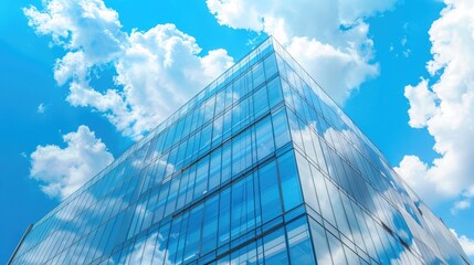 Modern glass office building with blue sky and clouds in background, architecture of business center or corporate headquarter company at daytime, contemporary exterior design concept.
