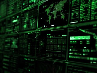 Green illuminated data screens displaying global analytics and cyber information, emphasizing technology and network security.