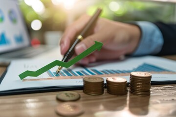 A businessman fiddles with charts and photographs of coins on a wooden table, representing financial growth concepts, digital graphic text and an arrow above the dollar sign to represent an interest c