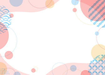 水彩の和柄パターンと円形オブジェクトのポップなフレーム、パターンと円形模様