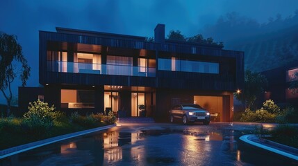 Modern house with black wood cladding and white LED lighting at night, exterior view, wide angle...