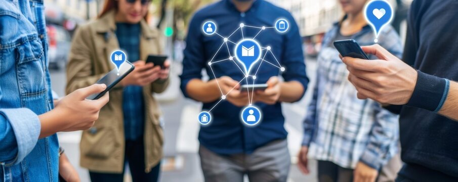 Group of people using smartphones with social media icons. Connecting through technology and communication in modern society.