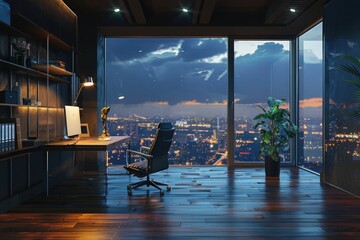 Modern office interior with panoramic windows, a desk and computer on it, a wooden floor and dark...