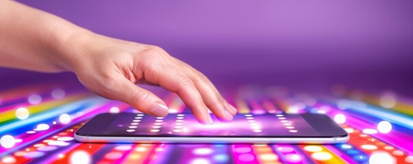 Fototapeta premium Hand interacting with a touch screen tablet on a vibrant colorful background, illustrating modern technology and digital interaction.