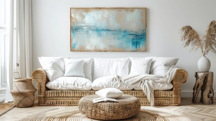 Nautical coastal interior design, light blue and beige colors, wicker sofa with white cushions in the center of the room, wooden floor, decorative wall painting