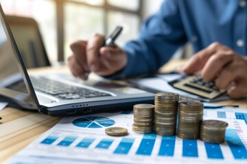 A businessman fiddles with charts and photographs of coins on a wooden table, representing financial growth concepts, digital graphic text and an arrow above the dollar sign to represent an interest c