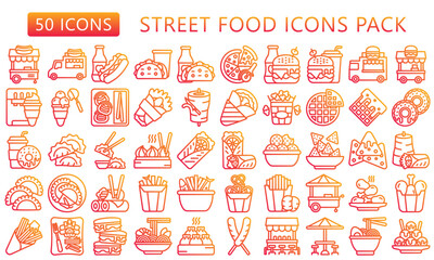 Street food gradient outline icons set. contain fried chicken, pizza, ramen, pretzel, nachos, donut, dumpling, dim sum and more. best for UI or UX kit, web and app development. vector EPS 10.
