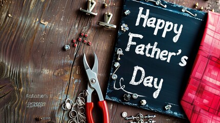 Creative Father's Day flat lay with pliers, a tie clip, and cufflinks on a wooden surface, black chalkboard with "Happy Father's Day" message.