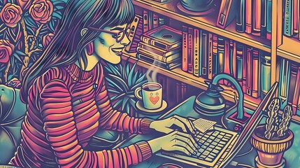 Illustration of a Thriving Blogger: Woman at Laptop with Social Media