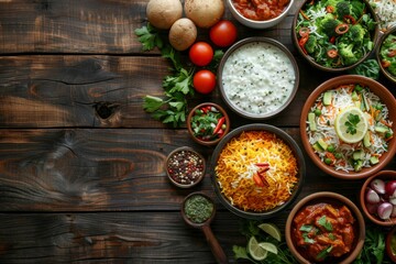 Rustic Kitchen Table with Biryani, Raita, and Salad

