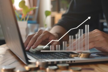 The concept of business growth with coins and graphs, in a flat lay composition on a wooden table,  with a businessman using a laptop in the background,