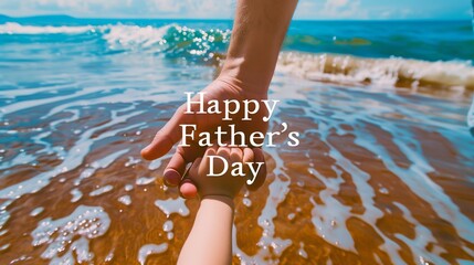 "Happy Father's Day" text in the center with a human hand holding a child's hand, set against a backdrop of a beautiful beach with gentle waves.