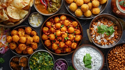 Vibrant Street Food Background with Aloo Tikki, Yogurt, and Chaat Masala

