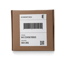 Cardboard packages with shipping label and barcode on white background