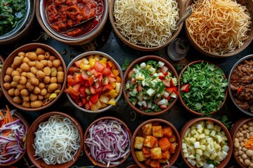 Fototapeta premium Busy Street Food Market Background with Pani Puri, Sev, and Tamarind Sauce