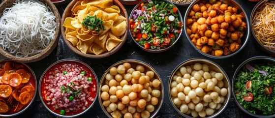 Fototapeta premium Busy Street Food Market Background with Pani Puri, Sev, and Tamarind Sauce