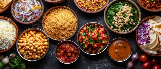 Busy Street Food Market Background with Pani Puri, Sev, and Tamarind Sauce

