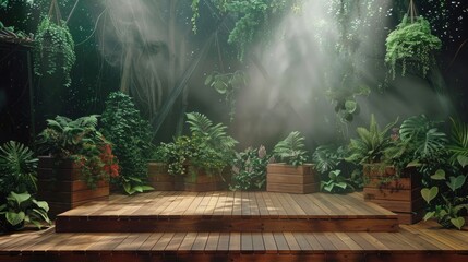 photo of an empty wooden stage with wood boxes and plants, with forest background, misty greenery,...