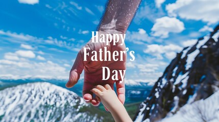 "Happy Father's Day" text in the center with a human hand holding a child's hand, set against a snowy mountain landscape.