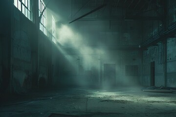 Abandoned Warehouse with Sunrays,A hauntingly beautiful scene of an abandoned warehouse, where rays of sunlight filter through the broken roof, illuminating the dusty floor.