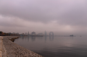 Autumn morning on the seaside boulevard. Baku. Azerbaijan..