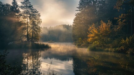 Serene misty forest lake at sunrise, surrounded by trees, reflecting calm water