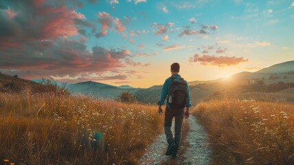 Obraz premium Person hiking on trail during sunset with scenic landscape