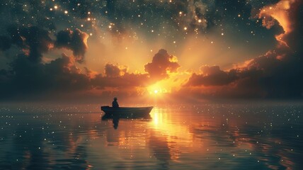 Lone boatman rows on serene sea at sunset under starry sky