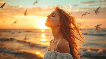 Fototapeta na wymiar Happy woman enjoying peaceful sunset on beach with seagulls flying around