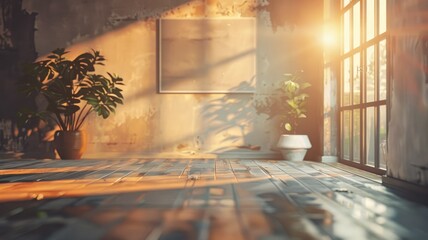 Sunlit industrial room with plants near large windows, peeling paint and wooden floor