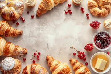 Elegant Patisserie Background with Croissants, Butter, and Jam

